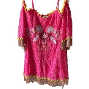 Misslook Women’s Size XL Lace Overlay Fringe Tunic Embroidered Boho Indian